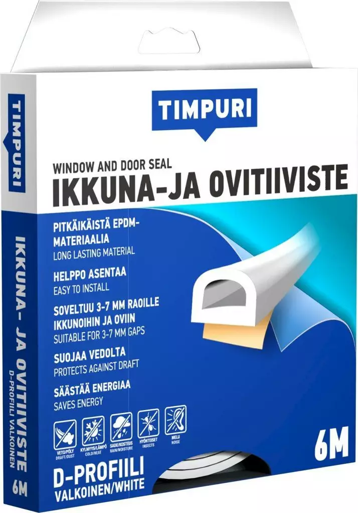 TIMPURI Ikkuna- ja ovitiiviste D-profiili 6m valkoinen - Ikkunatiivisteet ja ovitiivisteet - 6418091706239 - 1