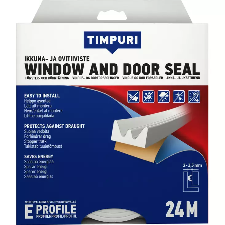 TIMPURI Ikkuna- ja ovitiiviste E-profiili 24m valkoinen - Ikkunatiivisteet ja ovitiivisteet - 6418091702439 - 1