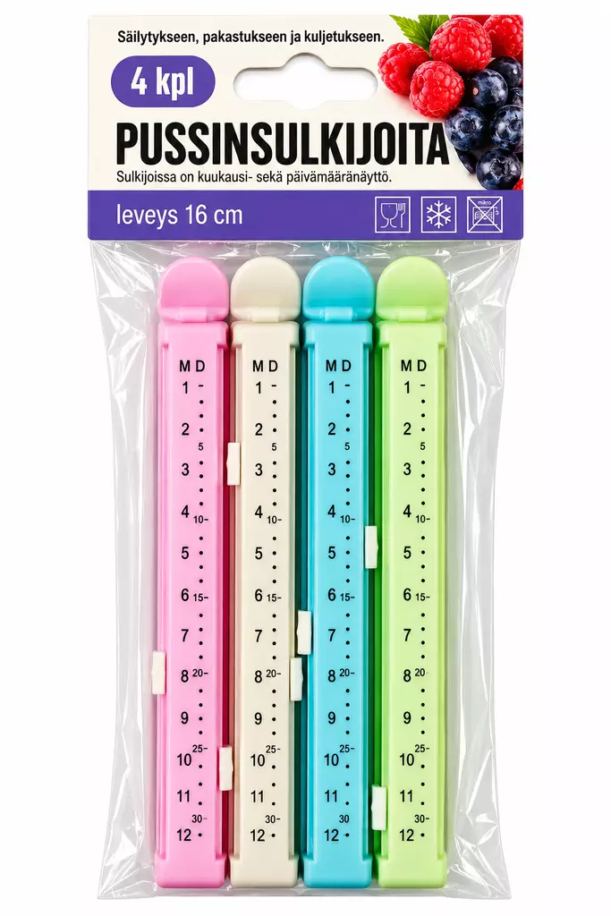 Pussinsulkijat päiväysmerkinnöillä 4 kpl – 16 cm, pastellivärit - Pakastuspussit ja kertakäyttörasiat - 6438506027889 - 1